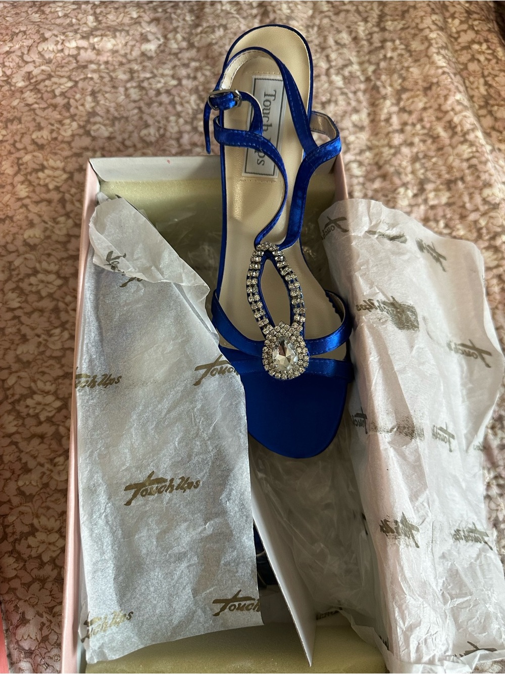 Touch Ups Royal Blue Satin T-Strap Heels with Crystal Accent